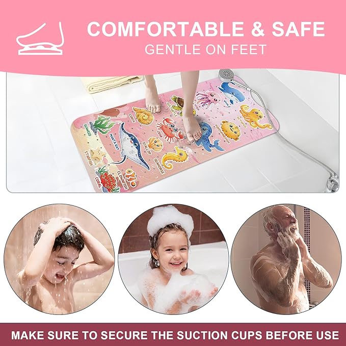 XIYUNTE Baby Bath Mat for Tub Non Slip Kids Bath Mat - 40"x16" Extra Long Bathtub Mat Non Slip Kids, Eco-Friendly Toddler Bath Mats with Suction Cups for Secure Grip, Easy to Clean & Easy Drying