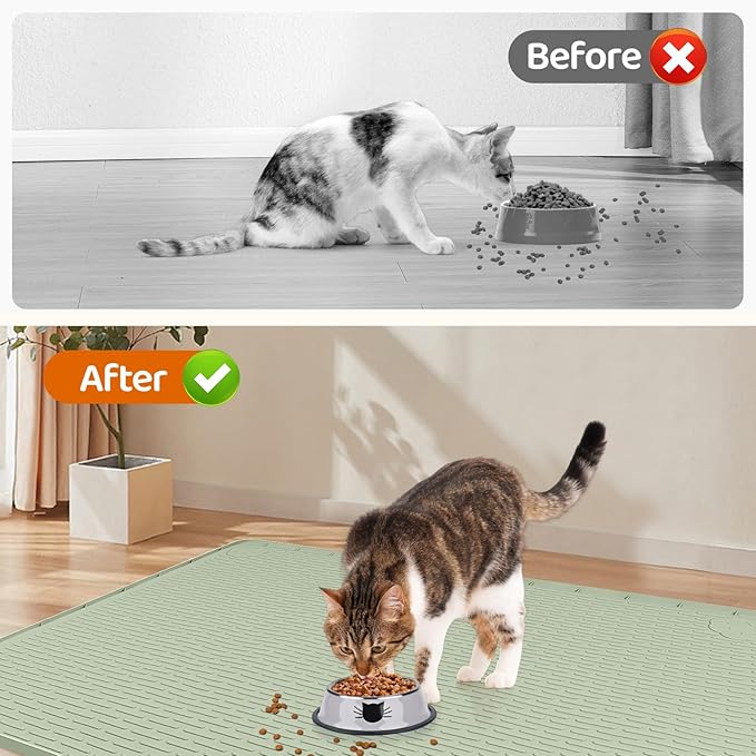 Bartuke Cat Food Mat, 34" x 22" Large Silicone Pet Feeding Mat for Food and Water Bowls Non-Slip, Easy to Clean (Light Green)