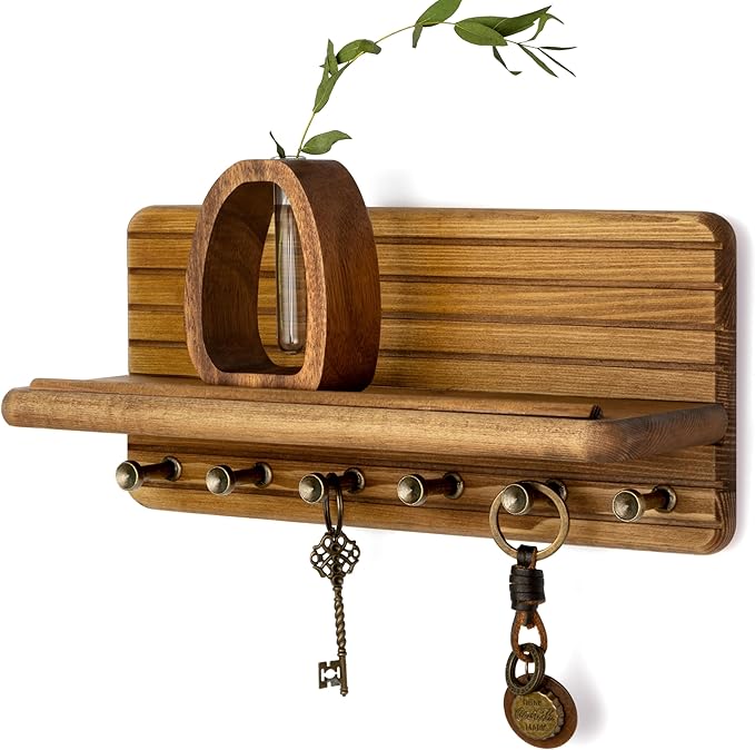 Rebee Vision Farmhouse Key Holder Wall Mount for Home Decor – Decorative 11-inch Pine Wooden Key Holder for Wall with 6 Hooks & Floating Shelf - Apartment Essentials for Tidy Space (Light Brown)