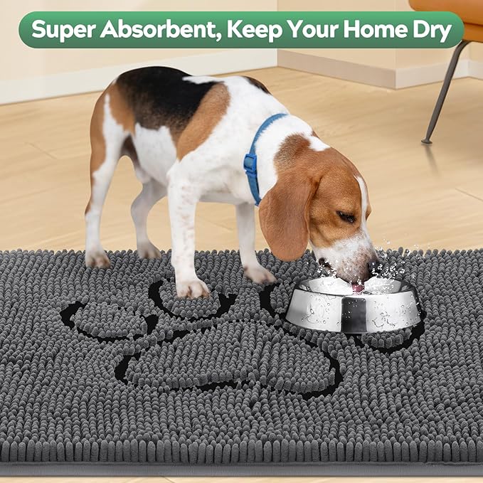 Dog Door Mat for Muddy Paws, Pet Rug Chenille Absorbent Outdoor Doormat 48"x 30", Non Slip Heavy Indoor Doormat Soft Front Inside Doormats for Entryway, Mud Paws, Patio,Dog Paw Black Grey