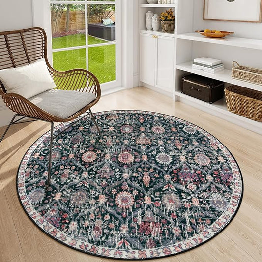Lahome Moroccan Trellis Round Area Rugs, Washable Small Round Rug 3ft Non-Slip, Soft Vintage Ultra-Thin Circle Carpet for Bedroom Entryway Kitchen Laundry Bathroom Elise, Black/Multi