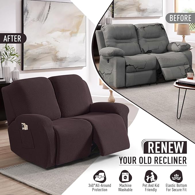 TAOCOCO Recliner Loveseat Slipcover, 6 Pieces Dual Recliner Sofa Covers for 2 Seat Dual Reclining Loveseat Couch, Stretch Soft Jacquard Pattern Furniture Protector with Elasticity (Chocolate)