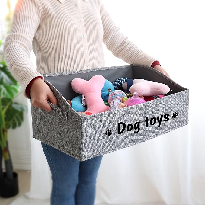PET ARTIST Sturdy Collapsible Dog Organization and Storage Basket Accessible,Cute Dog Toy Storage with Handles,Dog Toy Box Bin Large for Chew Toys,Clothes,Squeak Toys,Gray