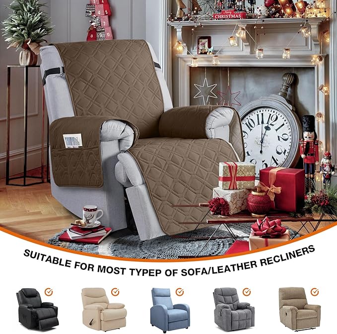 VANSOFY 100% Waterproof Recliner Chair Covers, Recliner Cover Non-Slip Dog Chair Cover Furniture Protector Washable Slipcover with Pocket, Elastic Straps for Pets, Dogs(Brown, 23.6")