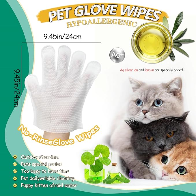 CHPPEY 20 PCS Pet Cleaning and Deodorizing Bathing Grooming Glove Wipes for Dogs and Cats, Extra Thick Nourish Fur No-Rinse Grooming Wipes for Daily Care and Travel, Hypoallergenic