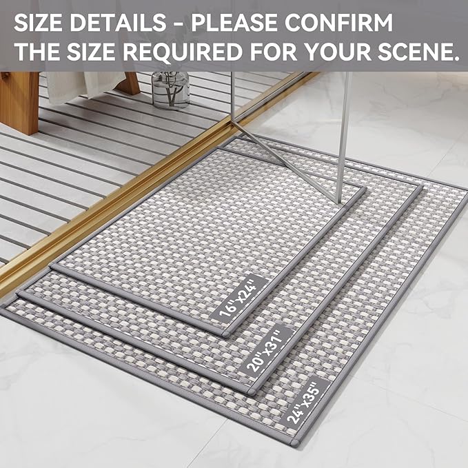 Non Slip Bath Mat Bathroom Rugs, Soft Braided Ultra Thin Bath Mats, Super Absorbent Quick Dry Bath Rug Shower Mat, Rubber Backing, Fit Under Door Bathroom Floor, Machine Washable, Gray 16" x 24"