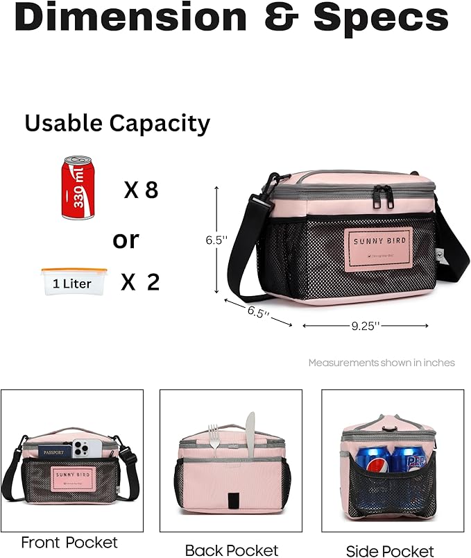 SUNNY BIRD Insulated Lunch Bag with Foldable and Leakproof Design, Thermally Insulated, Shoulder Strap for Women, Men and Teen (Pink 002)