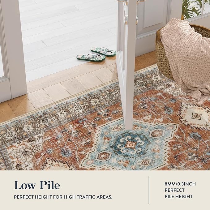 Lahome Oriental Hallway Runner Rug, 2.5x8 Kitchen Runner Non Slip Ultra-Thin, Soft Washable Hallway Rug Non Shedding Long Carpet for Entryway ‎Laundry Room Bathroom Eleanor, Orange/Multi