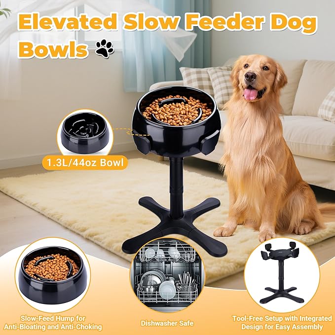 Elevated Adjustable Stand with Slow Feeder Dog Bowls,Tilted ABS Base,Fits 5.5-9.5" Bowls, Anti-Spill & Non-Slip, Heavy Duty for Med/Large Dogs(with Round Bowls)