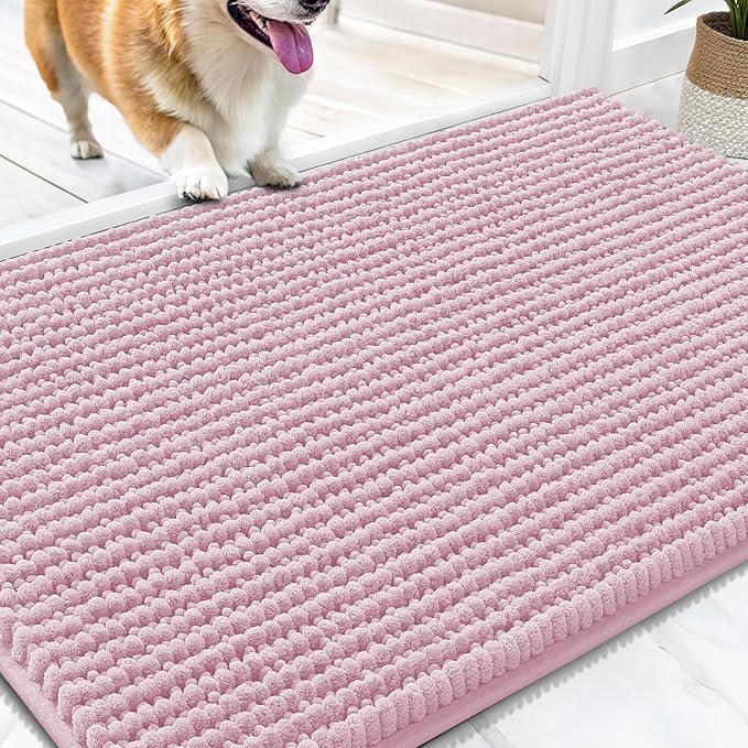 OLANLY Dog Door Mat for Muddy Paws 34x21, Ultra Absorbent Chenille Mud Doormat, Non-Slip Washable and Dirt Trapping Doormat for Indoor Entryway, Quick-Dry Indoor Pet Bed Mats for Dogs, Dusty Rose