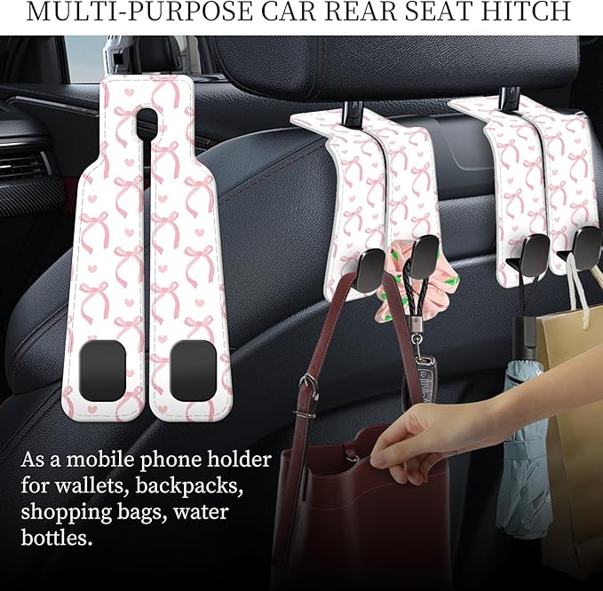 PU Leather Car Seat Hook, Storage Headrest Hanger, Cute Car Backseat Organizer, Car Hooks For Purses and Bags Cute Pink Bow