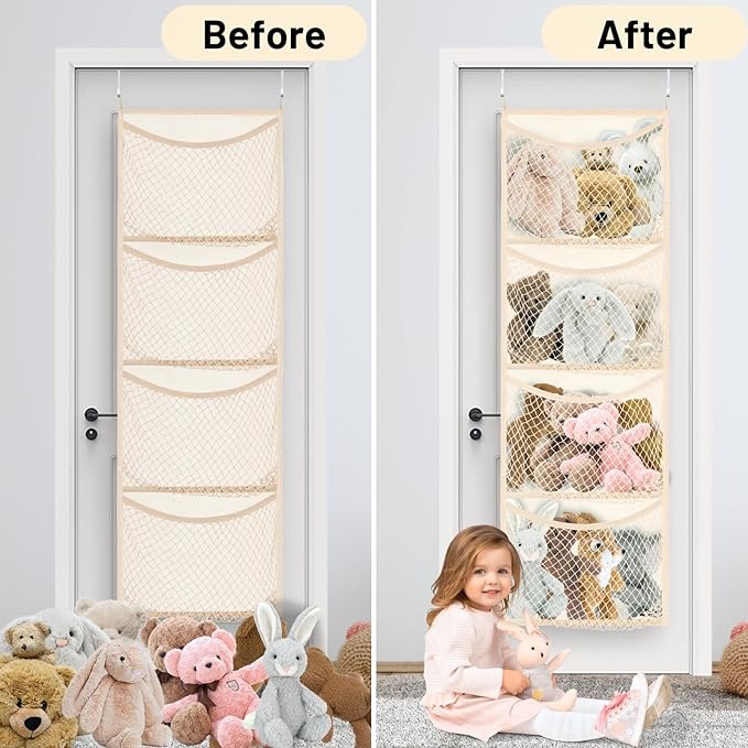 Over The Door Stuffed Animal Storage, Cotton Toy Organizer for Storage Plush Toys,Baby Supplies, Stuffed Animal Holder with 4 Large Pockets, Hanging Door Organizer for Nursery, Bedroom, Kids Room