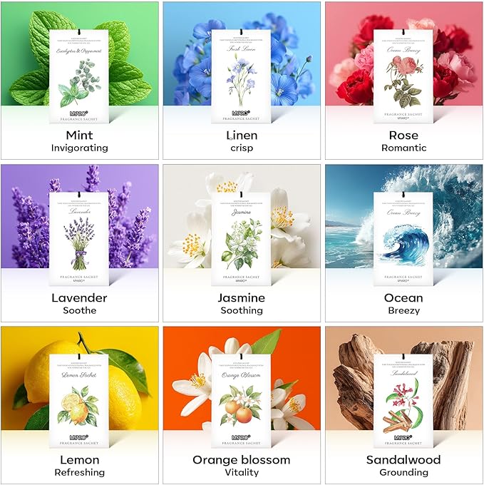 MYARO 12 Packs Jasmine Scented Sachets for Drawer and Closet, Long-Lasting Air Freshener Sachet Bag Drawer Car Bathroom Deodorizers Fresh Scent Home Fragrance