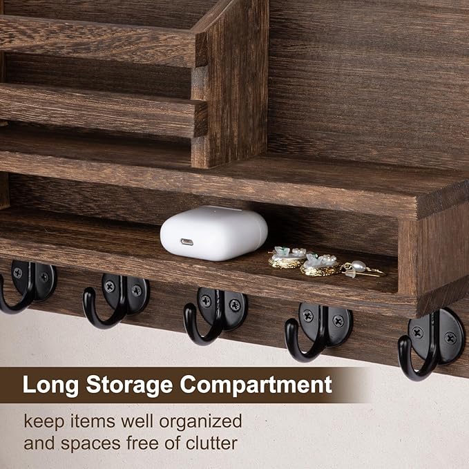 Lucundm Key and Mail Holder Wall Mount, Key Hanger with Long Storage Box and 5 Hooks for Coat, Dog Leash, Home Decor Rack, House Accessories, Entry Way Organizer 11.8”W x 7.8”H x 3.2”D