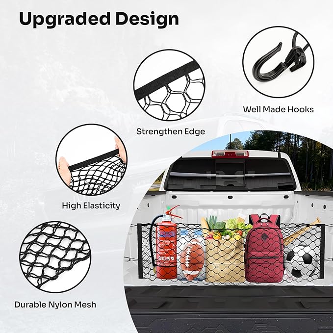Trunk Cargo Net for 2023-2025 2026 Chevy Colorado &GMC Canyon Accessories Envelope Style Mesh Trunk Net Organizer and Storage Stretchable Adjustable Elastic Nylon Rear Cargo Netting with Hooks
