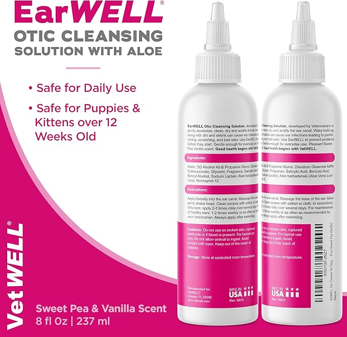 VetWELL Ear Cleaner for Dogs and Cats - Otic Rinse for Infections and Controlling Ear Infections and Odor in Pets - 8 oz (Sweet Pea Vanilla)