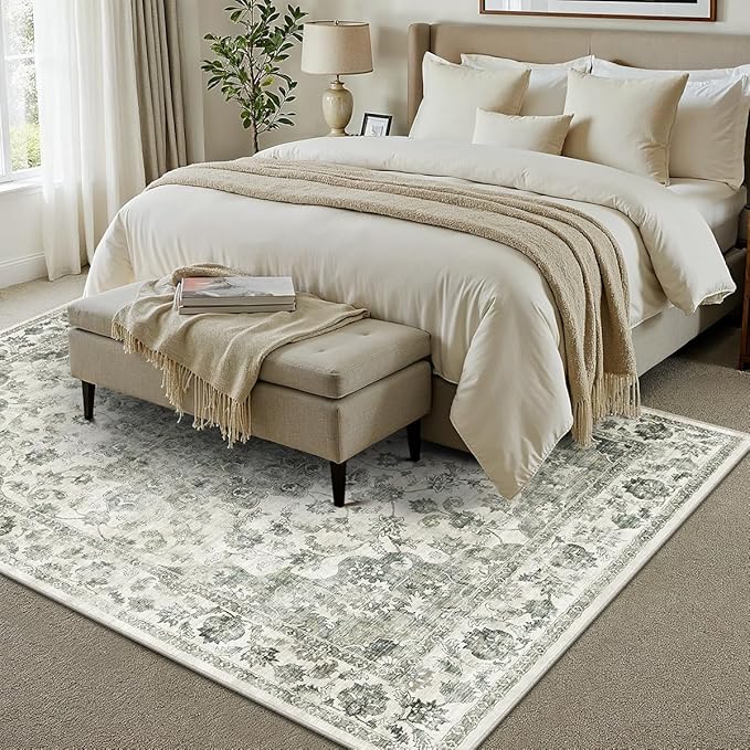 10x12 Neutral Area Rug Green Vintage Living Room Bedroom Washable Carpet Non-Slip Soft Low Pile Farmhouse Indoor Large Throw Rug for Dining Room Office