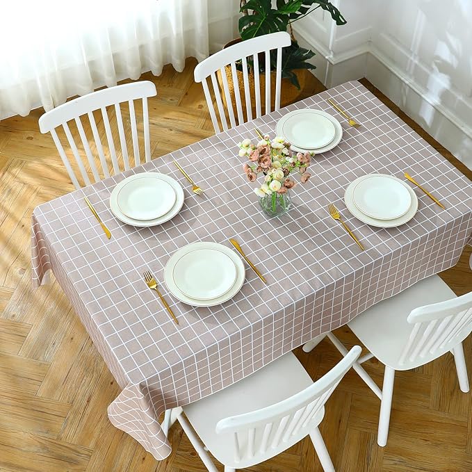 Romanstile Rectangle Vinyl Tablecloth, 100% Waterproof Oil-Proof Checkered Plastic Table Cloth, Heavy Duty Wipeable Table Covers for Dining, Camping, Picnic, Outdoor - 54 x 78 Inch, Sand
