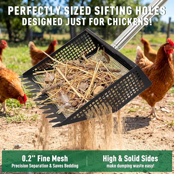 TOOGE Large Chicken Poop Scooper: 2-in-1 Metal Pooper Scooper & Rake Adjustable 62" Long Handle Stainless Steel Sand Sifting Litter Shovel Chicken Coop Scoop Cleaning for Bedding Goats Bright Black