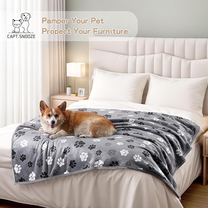CAPT.SNOOZE Waterproof Dog Blankets Pet Blanket 50"x60", Soft Fluffy Sofa Car Bed Protector, Reversible Sherpa Fleece Dog Blanket for Large Dogs (Dark Grey-Paws)