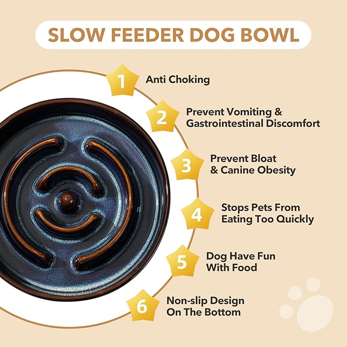 Ceramic 3.2 Cup Raised Slow Feeder Dog Bowl Set, Elevated 8.2inch Bowl and 9.5inch Dish with Acacia Wood Stand for Large Dog, Stop Bloat(2 x Starry Sky+ Stand)