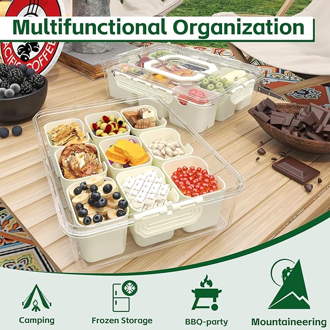 REBECAT Divided Serving Tray with Lid and Handles 9 Compartments Snack Box Container Charcuterie Organizer Snackle Box Container for Candy,Nuts，Fruits,Snacks,3 Pack,Beige