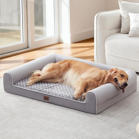Orthopedic Dog Beds for Extra Large Dogs, Waterproof XL Pet Bed with Sides, Non-Slip Bottom and Egg-Crate Foam Large Pet Couch Sofa with Washable Removable Cover, Light Grey