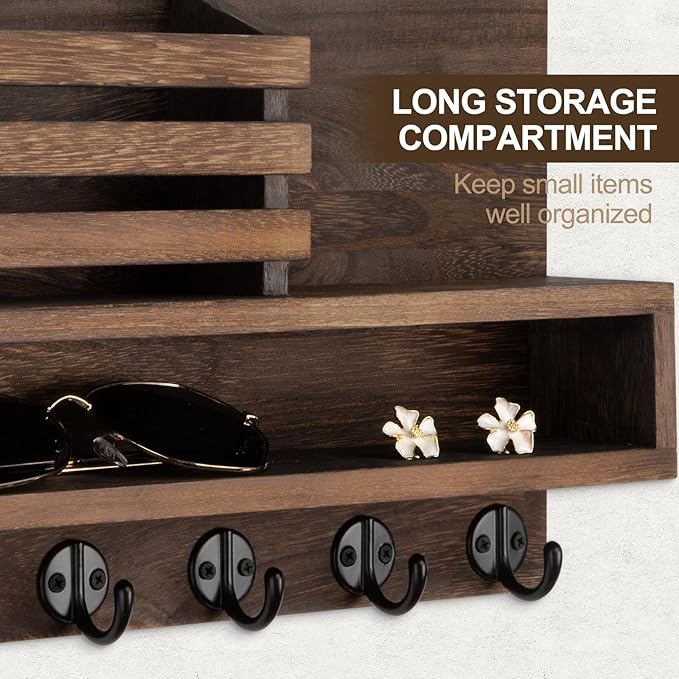 Lucundm Key and Mail Holder Wall Mount, Key Hanger with Long Storage Box and Key Hooks for Coat, Dog Leash, Home Decor Rack, House Accessories, Entry Way Organizer