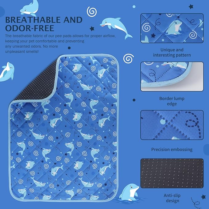 IEUUMLER Washable Pee Pads for Dogs, 1 Pack Non-Slip & Waterproof Pack Whelping Pad, Reusable Washable Puppy Potty Training Pad with Fast Absorbent for Playpen EU007 (Dolphin, 48"X48"-1pcs)