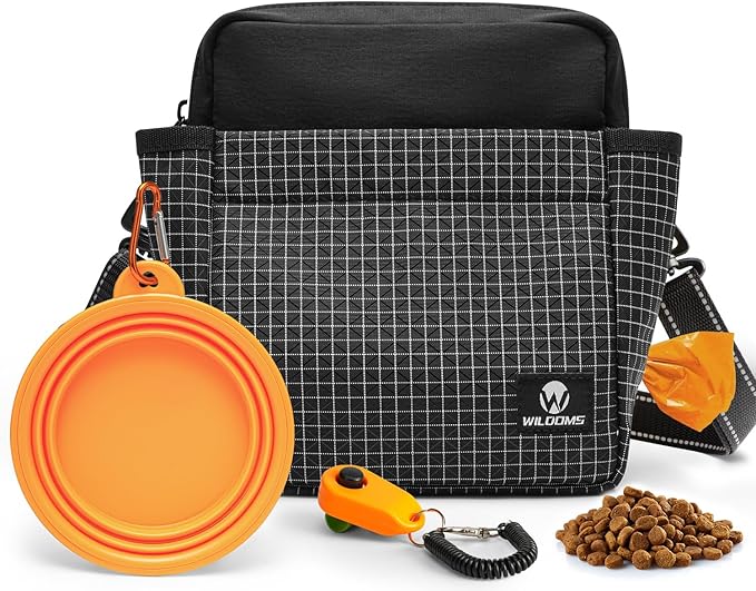 WILDOMS Dog Treat Pouch – Large Capacity with Magnetic Closure, Dog Walking Fanny Pack Built-in Poop Bag Dispenser, Clicker & Collapsible Bowl for Training & Walking - Black