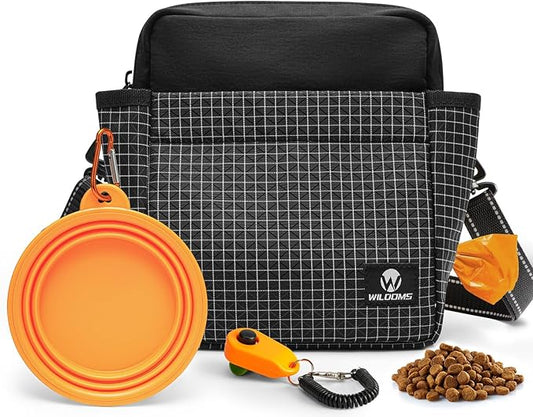 WILDOMS Dog Treat Pouch – Large Capacity with Magnetic Closure, Dog Walking Fanny Pack Built-in Poop Bag Dispenser, Clicker & Collapsible Bowl for Training & Walking - Black