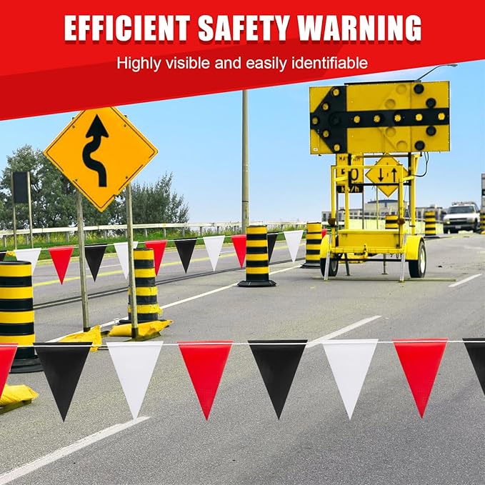 Caution Safety Pennant Flags – 315FT OSHA Colored Triangle Warning Banner for Party,Outdoor, Construction, Traffic, and Event Precautions(RED+WHITE+BLACK,135pcs,315FT)