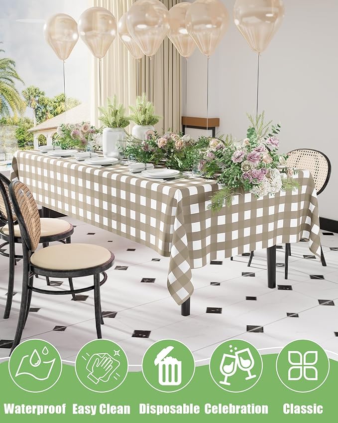 Smiry 8 Packs Gingham Disposable Table Cloth, 54 x 108 Inch Waterproof Plastic Tablecloth, Rectangle Khaki and White Checkered Table Covers for Outdoor, Birthday, Party