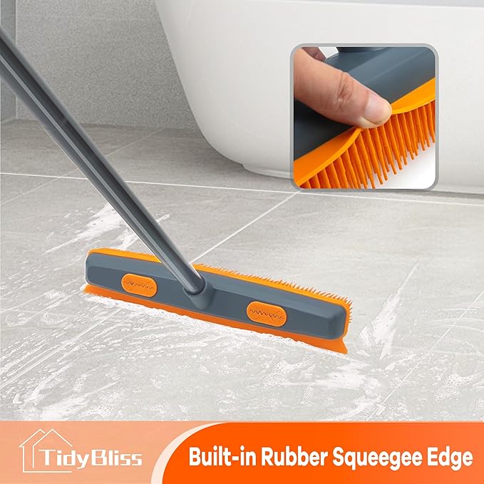 TidyBliss Pet Hair Removal Broom, 57.5 inches Rubber Brush Carpet Rake with Silicone Squeegee, Fur Remover Tool with Detailing Lint Comb for Cleaning Rug, Tile, Hardwood Floor (Gray Orange)