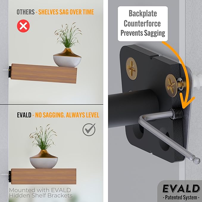 EVALD LevelMate™ 6-Inch Uni-Mount Floating Shelf Brackets | Hidden Black Carbon Steel Wall Supports for Wood Mantel, Kitchen Shelving, Bookshelves & Office Décor | Anti-Sag Pinol Screw System (4 Pack)