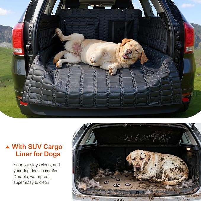 SUV Cargo Liner for Dogs, Waterproof Pet Cargo Cover with Bumper Flap Protector, Scrachproof Non-Slip Dog Seat Mat for SUVs, Large Size Cargo Liner Universal Fit Black