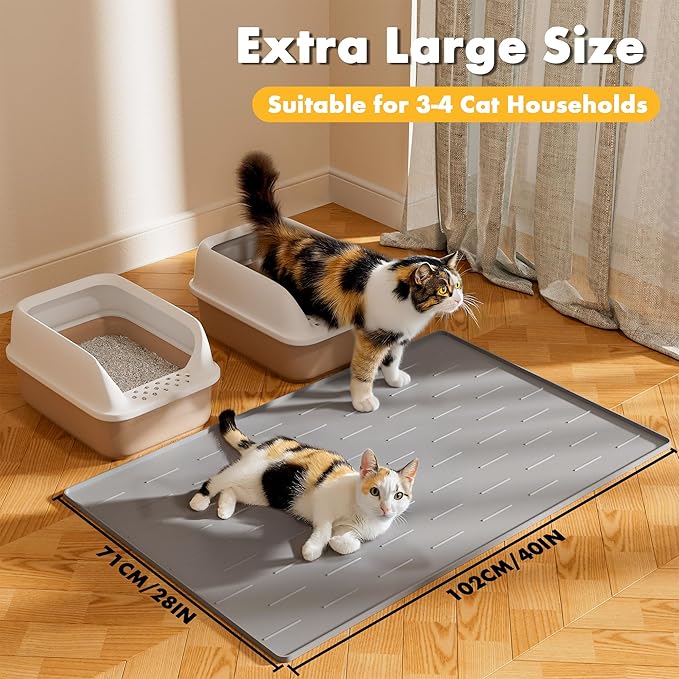 Pieviev Silicone Cat Litter Trapping Mat, 40''x28'' Extra Large Cat Litter Mat, Easy to Clean & Soft on Kitty Paws, Waterproof Kitty Litter Pads for Indoor Cats, Light Gray