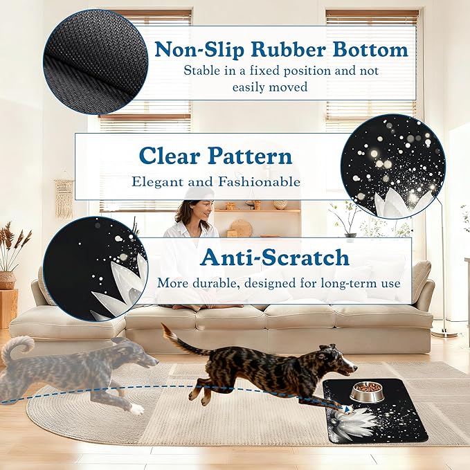 Magic White Lotus Pet Feeding Mat–Quick Dry Absorbent Dog Cat Food Mat, Non Slip Waterproof Bowl Placemat for Messy Eaters, Pet Accessories for Floors 12"x20"