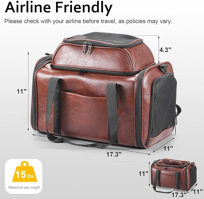 Bosnanller Premium Leather Top Expandable Pet Carrier for Small Dogs & Cats Under 15 lbs, Airline Approved Collapsible Soft-Sided Luxury Travel Bag Coffee