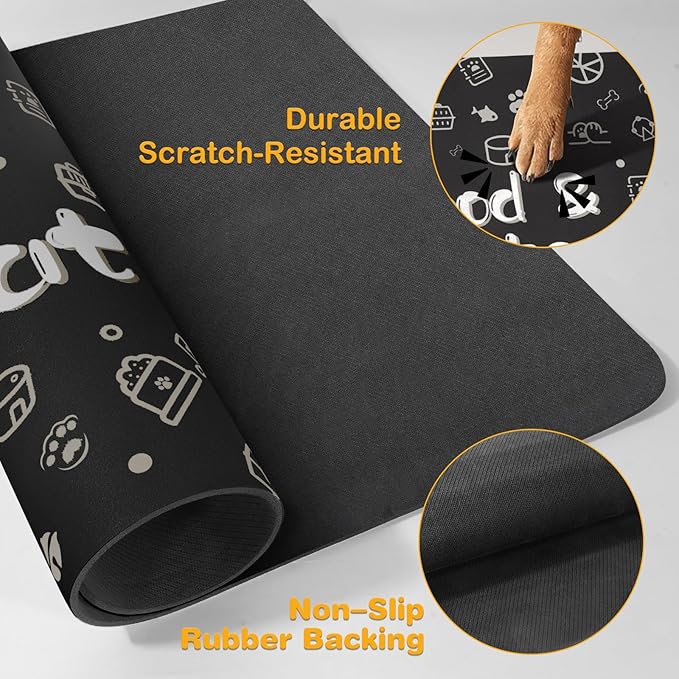 Pet Feeding Mat,Dog Cat Mat for Food and Water,Dog Bowl Waterproof Placemat with Rubber Backing,Absorbent Quick Dry Water Dispenser Mat for Pet（Black 17"×29"）