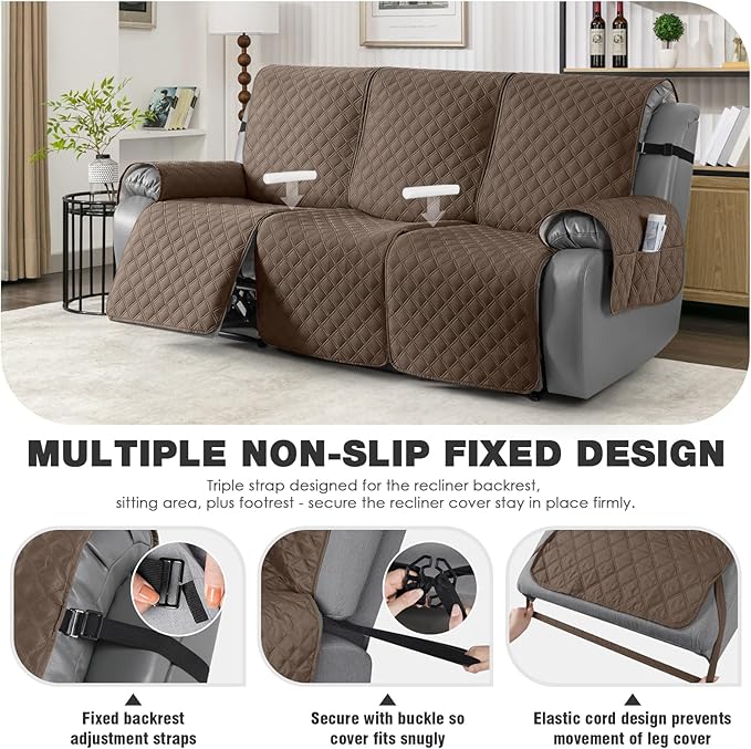 TAOCOCO 100% Waterproof Recliner Couch Covers, Recliner Sofa Covers with Leg Straps, 1-Piece Washable Reclining Sofa Cover with Pocket Couch Protector for Pets Kids(3 Seater, Brown)