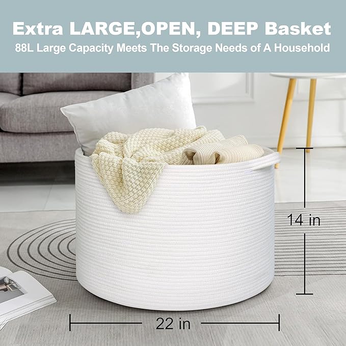 White Cotton Rope Storage Basket, 22" X 22" X 14" Extra Large Blanket Storage Living Room, XL Soft Toy Bin for Organizing, Woven Baby Laundry Basket with Handle, White Wicker Hamper Nursery