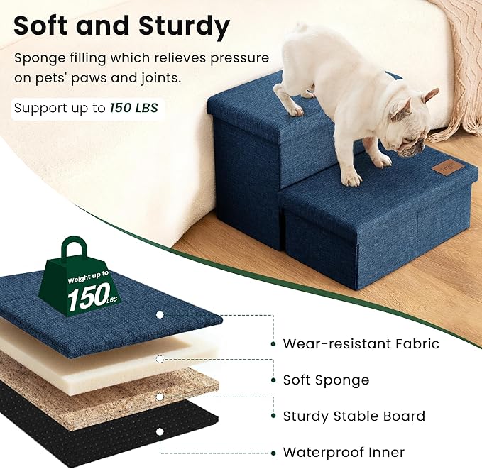 Love's cabin Dog Stairs with Storage 13" H,Foldable Pet Stairs for Small Medium or Large Dogs,Cat Puppy Steps Ramp with Zip up to 150 lbs(Navy Blue,2 Steps no Condo)