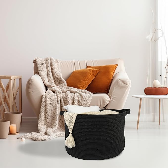 XUANGUO Extra Large Cotton Rope Basket Blankets Basket Living Room 22"x14" Toy Baskets for Kids and Dogs Rope Storage Baskets for Nursery Woven Laundry Baskets for Clothes Towels round black