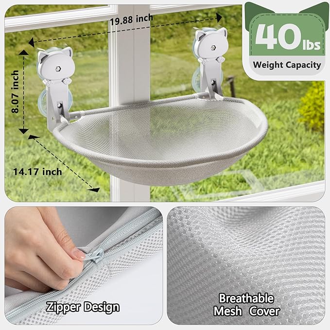 JUNSPOW Cat Window Perch Cordless, Foldable & Stable Cat Beds- Breathable Cat Window Hammock for Overlooking, Sunbathing and Climbing - Maximum Hold Up to 40lb