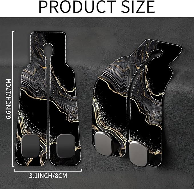 AEWNUNK 1 Pack Car Seat Headrest Hooks for Purses Abstract Black Golden Marble Bag Purse Holder for Car with Double Metal Hooks Car Purse Hanger Hanging Accessories