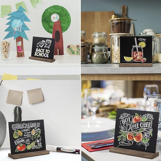 ONUPGO Chalkboard Signs - 5x6 Inch Double Side Mini Tabletop Chalkboard Sign with Stands, Set of 6 - Decorative Vintage Woode Chalkboard Table Signs Small Message Chalk Board Sign