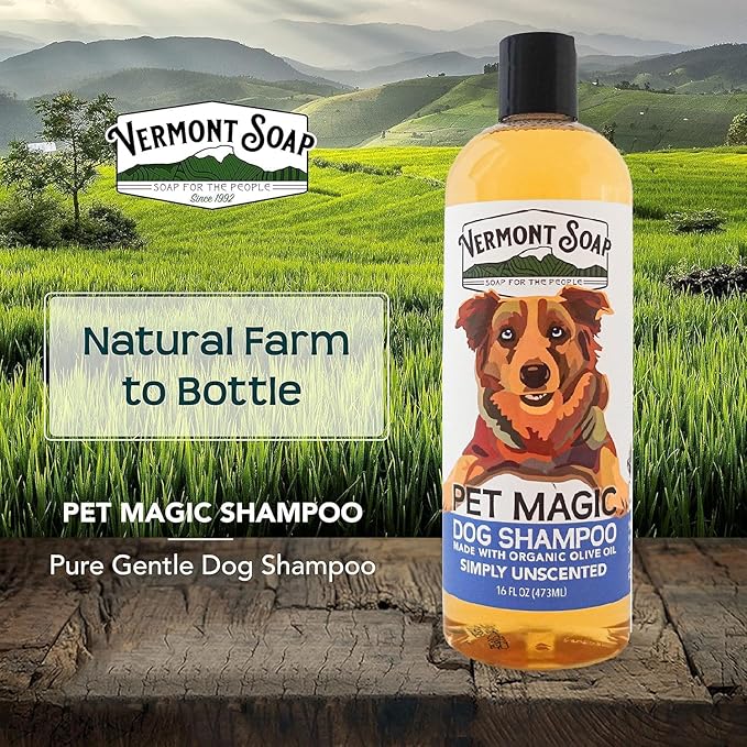 VERMONT SOAP Organics Pet Shampoo - Infused with Organic & Natural Olive Oil, Coconut & Aloe Vera Dog Shampoo for Sensitive Skin - USDA Certified Grooming Pet Shampoo - Unscented (16oz)