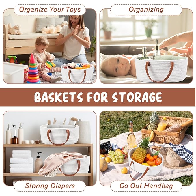 Valentine's Day Empty Woven Gift Basket with PU Leather Handle and Bag 12" x 8" x 5"Cotton Rope Basket Organizer for Pet Toy Storage Baby Shower Birthday Party Wrapping Gift(12*8*5 Inch)