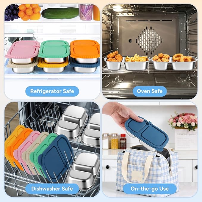 4 Pack Stainless Steel Snack Containers with Silicone Lids, Reusable Stainless Steel Food Containers Snack Box, 2 Compartment Meal Prep Containers for Lunch, Leakproof, Dishwasher Safe